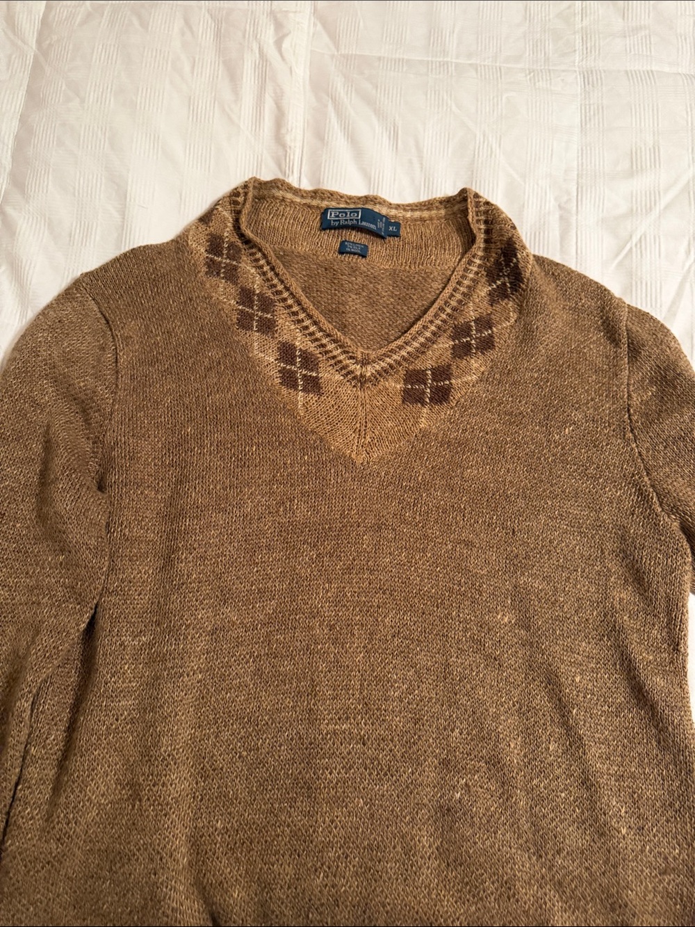 Polo by Ralph Lauren Brown V-Neck Sweater with Argyle Trim
